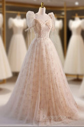 Unique And Beautiful Champagne Sequin Square Neck Fluffy Short Sleeved Ball Dresses Champagne A-Shaped Princess Backless Strap And Floor Length Evening Dresses