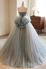 Unique And Beautiful Gray Sticker Sleeveless Off The Shoulder Ball Dresses, Gray A-Line Princess Sheer Thin Shoulder Strap, Backless Tie Bow And Ground Length Evening Prom Dresses