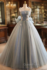 Unique And Beautiful Gray Sticker Sleeveless Off The Shoulder Ball Dresses, Gray A-Line Princess Sheer Thin Shoulder Strap, Backless Tie Bow And Ground Length Evening Prom Dresses