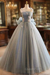 Unique And Beautiful Gray Sticker Sleeveless Off The Shoulder Ball Dresses, Gray A-Line Princess Sheer Thin Shoulder Strap, Backless Tie Bow And Ground Length Evening Prom Dresses