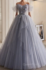 Unique And Beautiful Silver Gray Beaded Pearl Sequins Off The Shoulder Sleeveless Decal Pleated Ball Dresses Silver Gray A-Shaped Thin Gauze Pong Truffle Back Strap And Ground Length Evening Prom Dresses