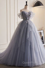 Unique And Beautiful Silver Gray Beaded Pearl Sequins Off The Shoulder Sleeveless Decal Pleated Ball Dresses Silver Gray A-Shaped Thin Gauze Pong Truffle Back Strap And Ground Length Evening Prom Dresses