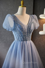 Unique And Beautiful Sky Blue Beaded Rhinestone Fluffy Short Sleeved Ball Dresses With Sky Blue A-Shaped Princess V-Neck Backless Strap And Ground Length Evening Dresses