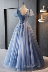 Unique And Beautiful Sky Blue Beaded Rhinestone Fluffy Short Sleeved Ball Dresses With Sky Blue A-Shaped Princess V-Neck Backless Strap And Ground Length Evening Dresses