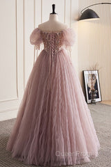 Unique And Elegant Dark Pink Sequin Off The Shoulder Short Sleeved Ball Dresses Dark Pink A-Line Princess Glitter Beaded Backless And Ground Length Evening Prom Dresses