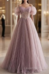 Unique And Elegant Dark Pink Sequin Off The Shoulder Short Sleeved Ball Dresses Dark Pink A-Line Princess Glitter Beaded Backless And Ground Length Evening Prom Dresses