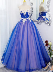 Unique Blue and Pink Formal Gown with Lace, Sweetheart Blue Floor Length Prom Dress