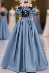 Unique Blue Evening Prom Dresses Off Shoulder Satin Lace Long Evening Dresses