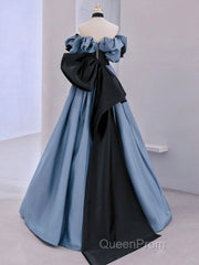 Unique Blue Evening Prom Dresses Off Shoulder Satin Lace Long Evening Dresses