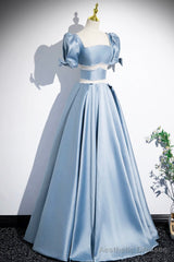 Unique Blue Satin Long Prom Dress, A-Line Short Sleeve Blue Evening Dress