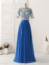 Unique Blue Two Pieces Long Prom Dress Applique Formal Dress
