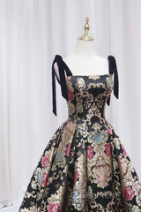 Unique Floral Floor Length Evening Prom Dresses, A-Line Black Evening Dresses