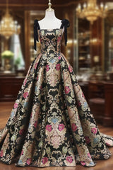Unique Floral Floor Length Evening Prom Dresses, A-Line Black Evening Dresses