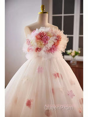 Unique High Low Flower Pink Tulle Sweetheart Evening Prom Dresses