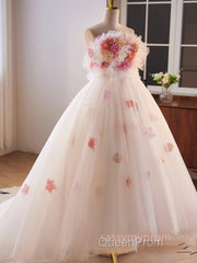 Unique High Low Flower Pink Tulle Sweetheart Evening Prom Dresses
