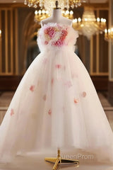 Unique High Low Flower Pink Tulle Sweetheart Evening Prom Dresses