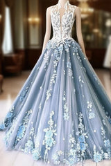 Unique High Neck Tulle Lace Long Evening Prom Dresses Blue Tulle Lace Evening Dresses