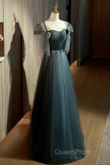 Unique Ink Blue Spotted Off Shoulder Short Sleeve Sequin Ball Dresses Ink Blue A-Line Off Back Tie Bow And Floor Length Evening Prom Dresses