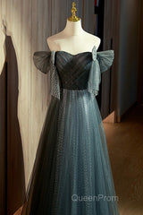 Unique Ink Blue Spotted Off Shoulder Short Sleeve Sequin Ball Dresses Ink Blue A-Line Off Back Tie Bow And Floor Length Evening Prom Dresses