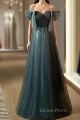 Unique Ink Blue Spotted Off Shoulder Short Sleeve Sequin Ball Dresses Ink Blue A-Line Off Back Tie Bow And Floor Length Evening Prom Dresses