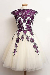 Unique Lace Tulle Short Evening Prom Dresses, Lace Bridesmaid Dresses