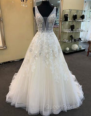 Unique Long A-line Tulle V Neck Beaded Lace Wedding Dresses