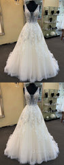 Unique Long A-line Tulle V Neck Beaded Lace Wedding Dresses