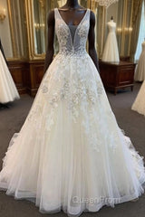 Unique Long A-line Tulle V Neck Beaded Lace Wedding Dresses