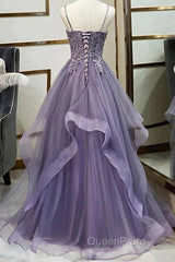 Unique Long Tulle Spaghetti Straps Evening Prom Dresses Evening Dresses With Lace Applique,
