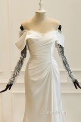 Unique Mermaid Off The Shoulder Pleats Satin Long Sleeves Wedding Dresses Brides Dresses