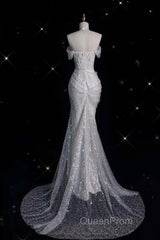 Unique Mermaid Off The Shoulder Sequin Short Sleeves White Wedding Dresses Brides Dresses