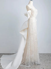 Unique Mermaid Off The Shoulder Short Sleeves Long White Sequin Wedding Dresses