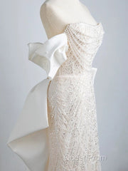 Unique Mermaid Off The Shoulder Short Sleeves Long White Sequin Wedding Dresses