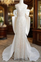 Unique Mermaid Off The Shoulder Short Sleeves Long White Sequin Wedding Dresses