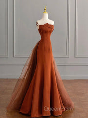 Unique Mermaid Satin Brown Long Evening Prom Dresses, Brown Long Evening Dresses