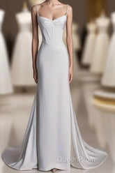 Unique Mermaid Spaghetti Straps Satin White Wedding Dresses Brides Dresses