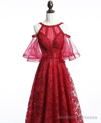 Unique Off Shoulder Tulle Lace Burgundy Long Prom Dress, Evening Dress