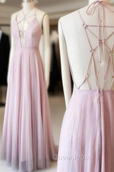 Unique Pink V Neck Long Evening Prom Dresses, Pink Evening Dresses