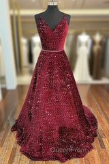 Unique Evening Prom Dresses, A-line V Neck Spaghetti Straps Long/Floor-Length Velvet Sequins Evening Prom Dresses With Beading