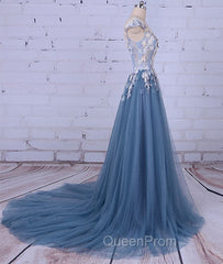 Unique Round Neck Applique Tulle Long Evening Prom Dresses, Tulle Evening Dresses