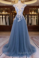 Unique Round Neck Applique Tulle Long Evening Prom Dresses, Tulle Evening Dresses