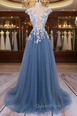 Unique Round Neck Applique Tulle Long Evening Prom Dresses, Tulle Evening Dresses