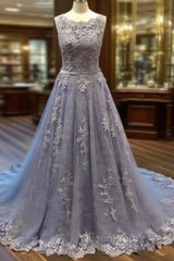 Unique Round Neck Lace Tulle Long Evening Prom Dresses, Lace Evening Dresses