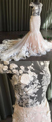 Unique Round Neck Tulle Lace Long Evening Prom Dresses, Lace Evening Dresses