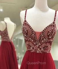 Unique Sequin Beads Burgundy Long Evening Prom Dresses, Evening Dresses