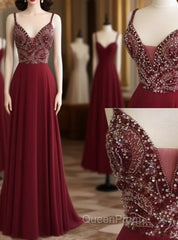 Unique Sequin Beads Burgundy Long Evening Prom Dresses, Evening Dresses