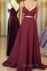 Unique Sexy Two Pieces Long Burgundy Evening Prom Dresses, Burgundy Evening Dresses