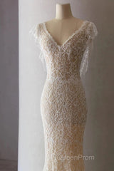 Unique Sheath V Neckline Cap Sleeves Lace Ivory Wedding Dresses