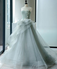 Unique Tulle Lace Gray Green Long Prom Gown, Tulle Lace Evening Dress