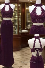 Unique Two Pieces Lace Applique Long Evening Prom Dresses, Lace Evening Dresses